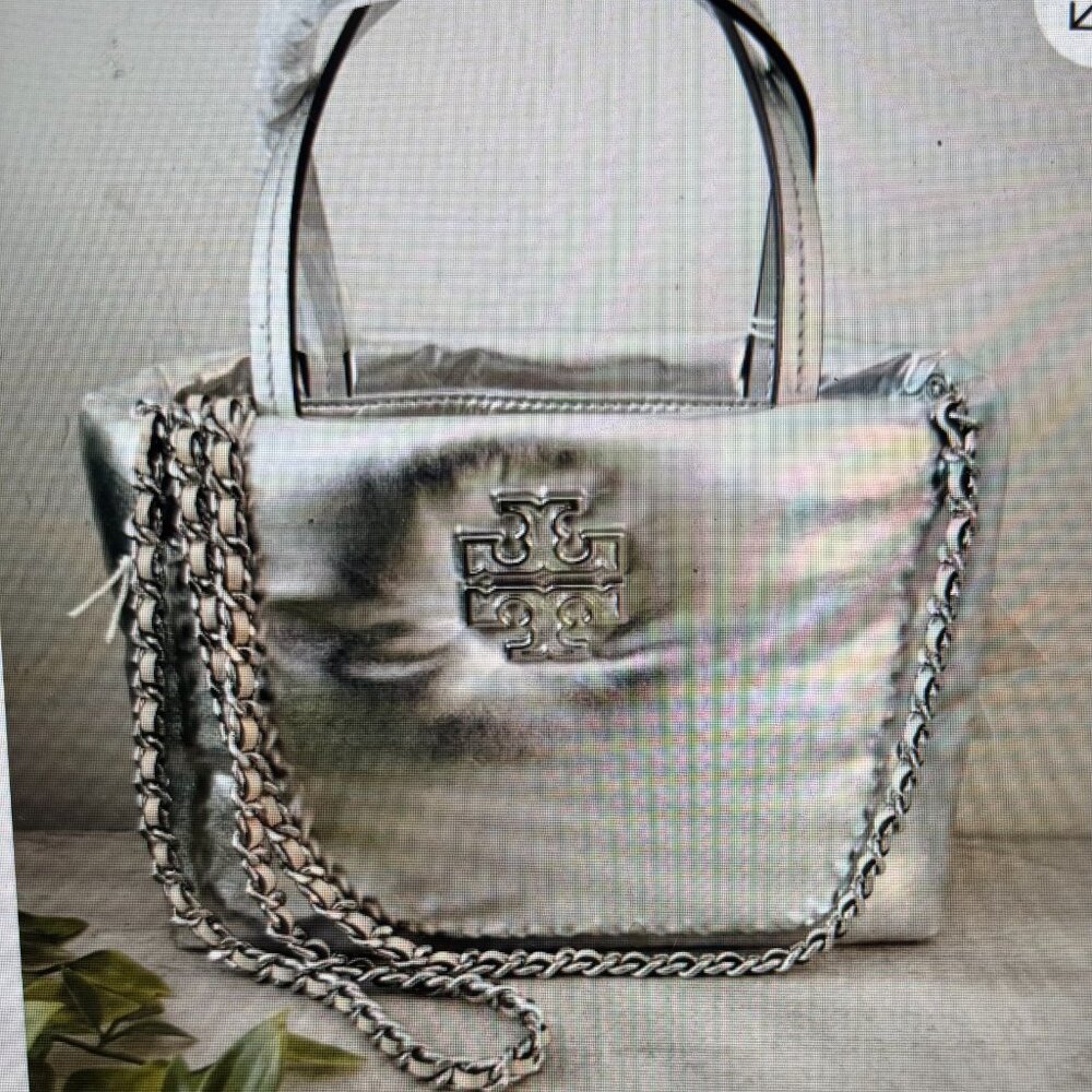 Tory Burch Britten Metallic Silver Puffy Mini Tote Crossbody Purse 171345 - Picture 4 of 4